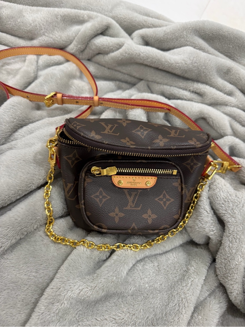 Louis Vuitton Brown Monogram Crossbody with Gold Chain and Red-Edged Strap